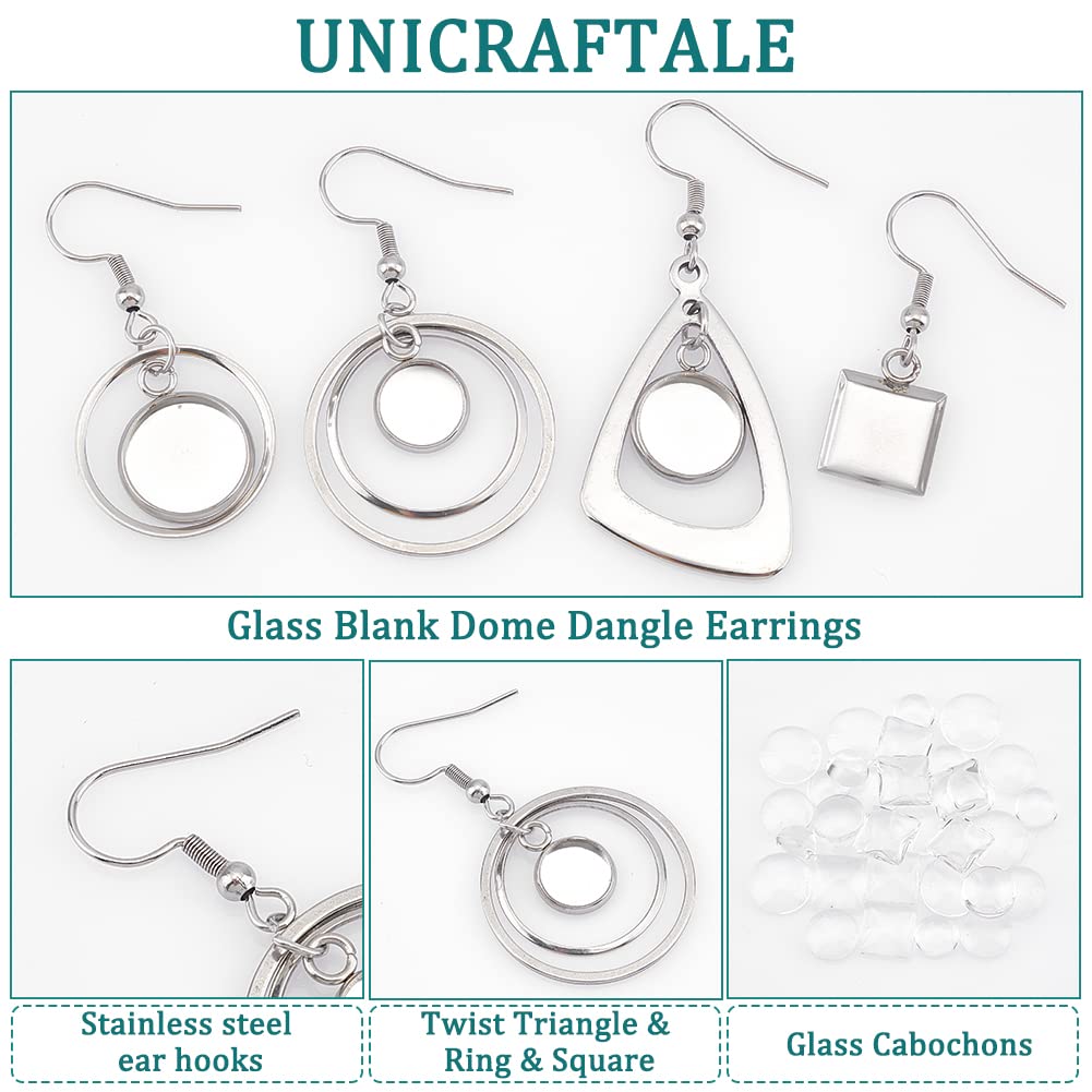 UNICRAFTALE 12 Pairs 4 Styles Glass Blank Dome Dangle Earrings 304 Stainless Steel Earring Bezel Settings Triangle Ring Square Cabochon Base Trays DIY Ear Hooks Findings for Jewelry Making