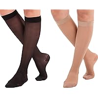 (4 Pairs) Made in USA - Size Medium - Sheer Compression Socks for Women Circulation 15-20mmHg - Lightweight Long Compression Knee Hi Support Stockings for Ladies - Black & Beige