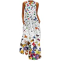 Women's Summer Maxi Dress, Casual Loose Maxi Skirt Sleeveless Floral Print Beach Maxi Dress with Dress, S-5XL