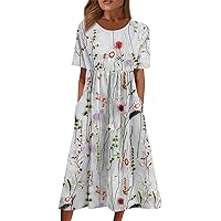 Shift Fun Mother's Day Dress Lady Birthday Short Sleeve Fit Patchwork Women Round Neck Printed Cosy Cotton Ivory S