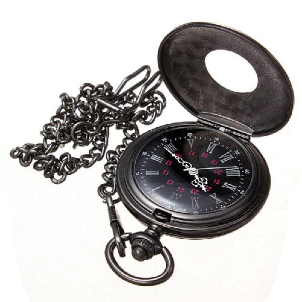 TECKEEN Retro Hand Wind Mechanical Pocket Watch with Fob Chain Men Women Hollow Skeleton Dial Black Steel Fashion Quartz Pocket Gift