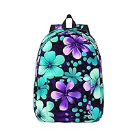 Purple And Teal Flowers Print Canvas Laptop Backpack Outdoor Casual Travel Bag Daypack Book Bag For Men Women