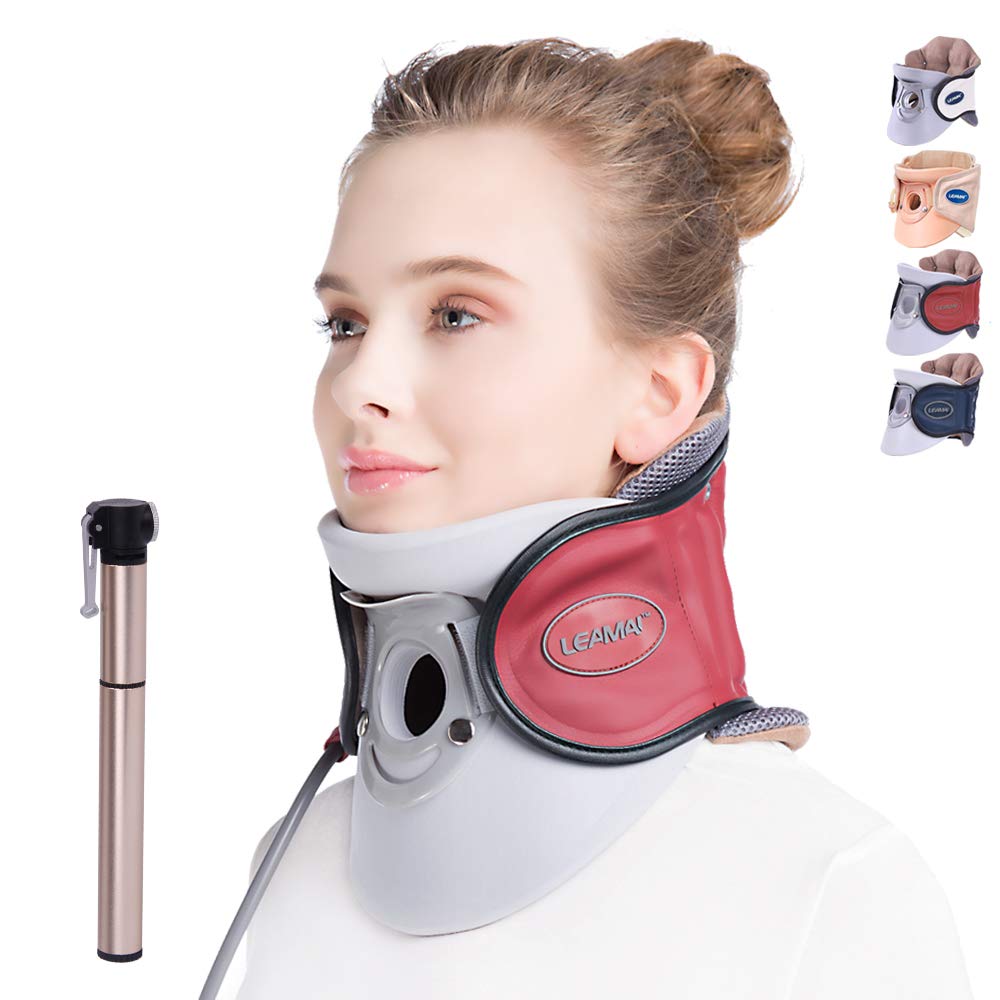 LEAMAI Standard Cervical Neck Traction Device - Adjustable Neck Stretcher Collar for Home Traction Spine Alignment -(C02,Red)