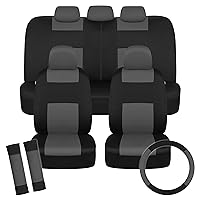 BDK PolyPro Car Seat Covers Full Set in Charcoal on Black with Steering Wheel Cover & Seat Belt Pads – Front and Rear Split Bench Car Seat Cover, Easy to Install, Interior Covers for Auto Truck SUV