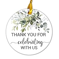 50 Thank You Favor Tags, Thank You for Celebrating with Us Gift Tags for Weddings, Bridal Showers, Birthdays, Parties, Baby Showers, 2-inch Round with 2 Rolls of Ribbon 20M/65.6ft. Greenery