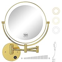 Gospire 9” Wall Mounted Lighted Makeup Vanity Mirror with 3 Color Lights & Stepless Dimming, 1X/10X Magnifying LED Double Sided Bathroom Touch Sensor Extendable Arm 360° Swivel Shaving Gold Mirror