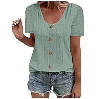 Eyelet Embroidery Tops for Women Summer Dressy Casual O Neck Front Button Short Sleeve T Shirts Trendy Soft Blouses