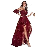 Womens Fall Fashion 2022 Off Shoulder Contrast Mesh Sequin Formal Dress (Color : Maroon, Size : Large)