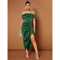 Dresses for Women Women's Dress Off Shoulder Ruched Asymmetrical Hem Dress Dresses (Color : Dark Green, Size : Large)