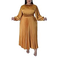 Women's Satin Plus Size Long Sleeve Maxi Dress Elegant Elastic Waist Pleated Cocktail Party Dresses