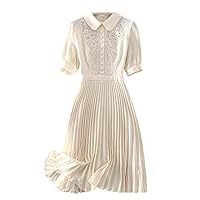 Retro Embroidered Pleated Dress Women's Summer Short Sleeve Midi-Length Party Dress Elegant Slim High Waist A-Line Dress