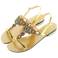 Women Boho Peep Toe String Bead Sandals Female Heel Summer Slipper Lady Beach Casual Shoes Plus Size Golden 8.5