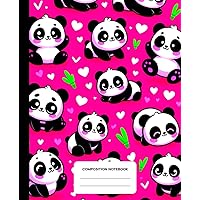 Composition Notebook: Pandas and Hearts Illustration Pink - Wide Ruled Lined Paper Journal For School, College, Office, Work - 7.5