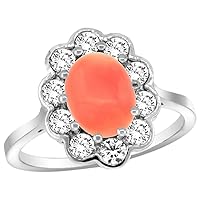 14k White Gold Halo Engagement Coral Engagement Ring Diamond Accents Oval 9x7mm, sizes 5 - 10