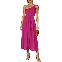 ANRABESS Women's Summer Sleeveless Smocked One Shoulder Cutout Sundress Flowy A-Line Beach Long Maxi Dress