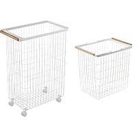Yamazaki Home Wire Slim Saving Rolling Wheeled Clothing Hamper + Laundry Basket (White)
