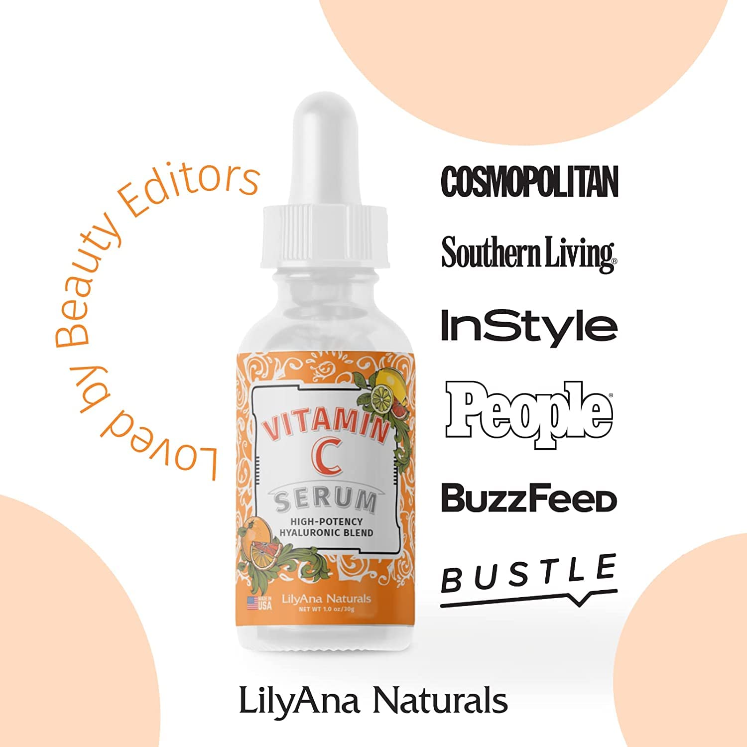 LilyAna Naturals Vitamin C Serum for Face - Face Serum with Hyaluronic Acid and Vitamin E, Anti Aging Serum, Reduces Age Spots and Sun Damage, Promotes Collagen and Elastin - 1oz