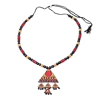 NOVICA Handmade Ceramic Pendant Necklace Red Yellow Black Triangle Beaded Cord Wood Copper No Stone India Geometric Painted 'Dancing Pyramid'
