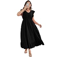 KOJOOIN Women's Plus Size Summer Dress with Pocket Ruffle Cap Sleeveless V Neck Side Split Long Beach Maxi Dress