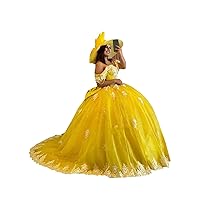 Mollybridal 2024 Off The Shoulder 3D Floral Printed Flower Crystal Quinceanera Prom Dresses Ball Gowns Yellow