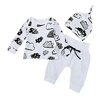 Girls' Infant Toddler Baby Boys Clothes Long Sleeve Cloud Print Shirt Pants with Hat Cute 3pcs Outfits Sets