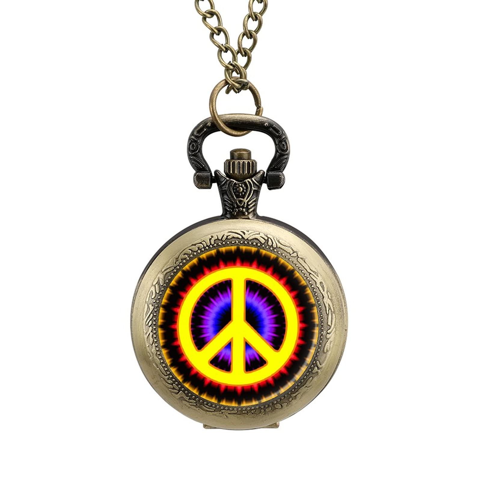 Tie Dye Peace Sign Pocket Watch Vintage Pendant Watches Necklace with Chain Gifts for Birthday