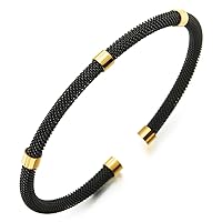 COOLSTEELANDBEYOND Thin Black Stainless Steel Mesh Cable Cuff Bangle Bracelet with Gold Tube Beads, for Men Women