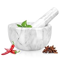 Mortar and Pestle Set - 6 Inch - 2.5 Cup Capacity - White Marble Stone Guacamole Spice Grinder Bowls, Large Molcajete for Mexican Salsa Avocado Taco Mix Bowl, Kitchen Cooking Accessories