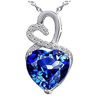 Lab-Created Blue Sapphire Gemstone September Birthstone Heart and Diamond Accent Necklace Pendant Charm in 10k Solid White Gold or 925 Sterling Sliver with 18” Chain