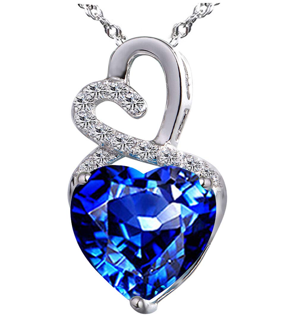 The Diamond Deal Lab-Created Blue Sapphire Gemstone September Birthstone Heart and Diamond Accent Necklace Pendant Charm in 10k Solid White Gold or 925 Sterling Sliver with 18” Chain