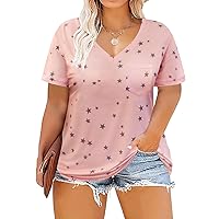RITERA Plus Size Women Casual Summer Tops Short Sleeves Shirts Pocket Tunics V Neck Blouses Printing Stars 5XL