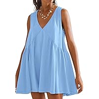 MEROKEETY Women's Summer 2024 Sleeveless Mini Dress V Neck Ruffle Casual Loose Flowy Beach Sundress