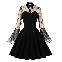 Women Gothic Black Dresses 3D Butterfly Decoration Vintage Cocktail Dress Sheer Mesh Bell Long Sleeve Gown