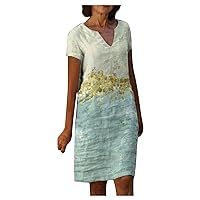 Womens Cotton Linen Dress,Summer Half Sleeve Y2k Casual Beach Dress Plus Size Vintage Ethnic Babydoll Tunic Dress