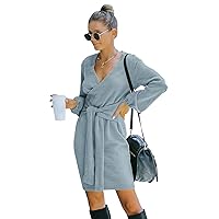 Women's Long-Sleeve Pullover high-Waist Dress Autumn and Winter New Long-Sleeve Hip wrap V Collar lace Solid Color Dress