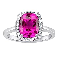 Cushion-Cut Created Pink Sapphire Halo Ring Sterling Silver