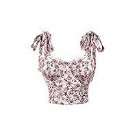 Women's Floral Print Boho Tie Shoulder Wide Strap Cami Top Sleeveless Slim Fit Bow Crop Top Tank Top