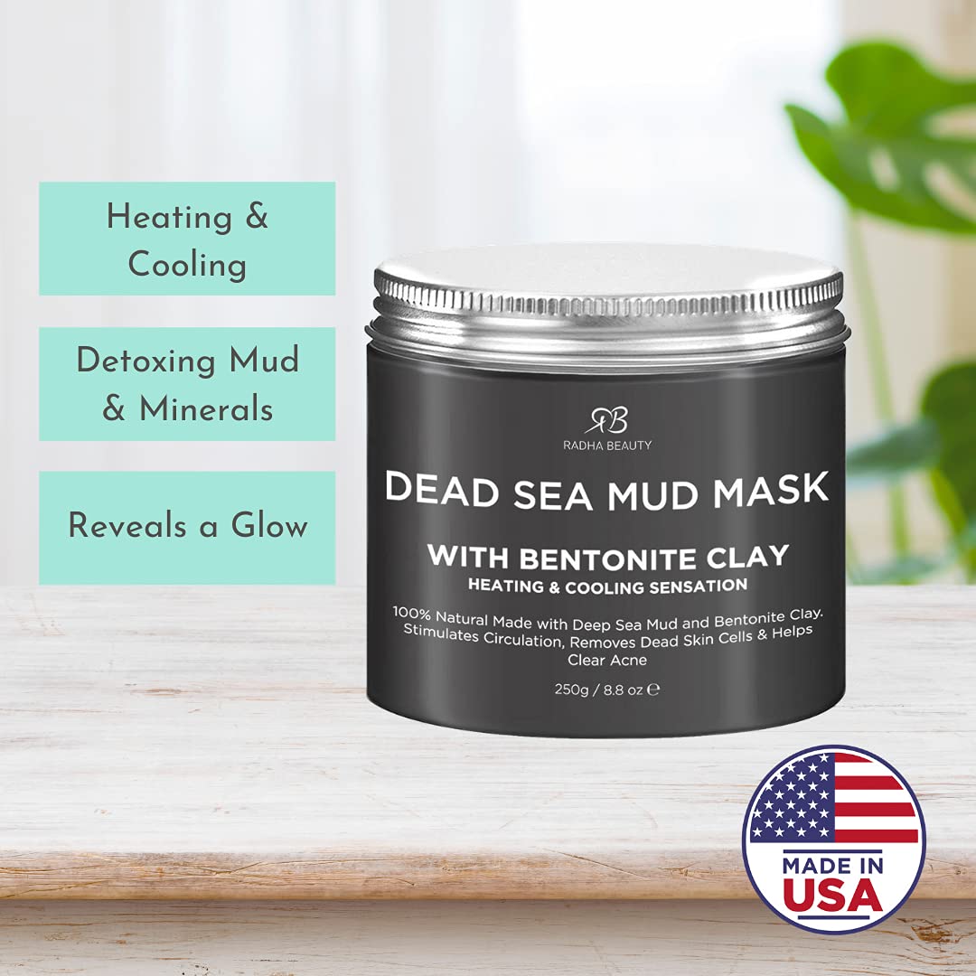 Radha Beauty Dead Sea Mud Mask with Bentonite Clay for Face & Body 8.8 oz - 100% Natural Formula to Treat Acne, Pores, Blackheads & Oily Skin - Heating & Cooling Sensation