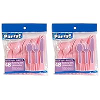 Heavy Duty Plastic Cutlery Set in Pink - 32 Spoons, 32 Forks, 32 Knives