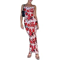 Women Floral Plisse Maxi Dress Sexy Spaghetti Strap Cowl Neck Bodycon Long Dress Y2k Printed Backless Party Dress