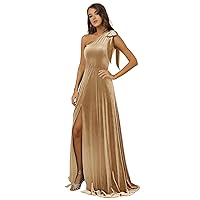 Basgute One Shoulder Velvet Bridesmaid Dresses for Wedding Long A Line Formal Evening Party Gown with Slit for Women
