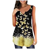 Women's Short Sleeve Shirts Fashion Plus Size Printed Sleeveless Button V-Neck Pullover Top Short Shirts