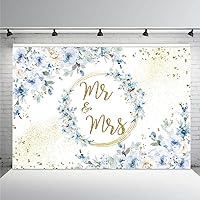 MEHOFOND 8x6ft Blue Floral Backdrop for Mr and Mrs Engagement Party Decorations Couples Wedding Golden Dots Glitter Photography Background Anniversary Ceremony Bridal Shower Banner Photo Booth Props