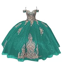 Boho Off Shoulders Ball Gown Quinceanera Dresses Mexican Gold Embroidered Glitter Tulle Prom Evening Dress 2024