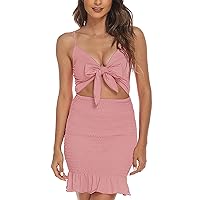 Womens Summer Dresses Ladies Dress Sexy Wrapped Chest Open Back Fashion Pleated Bow Sling Casual Dress(Pink,Small)