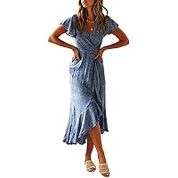 ZESICA Women's 2024 Bohemian Floral Printed Wrap V Neck Short Sleeve Split Beach Party Maxi Dress