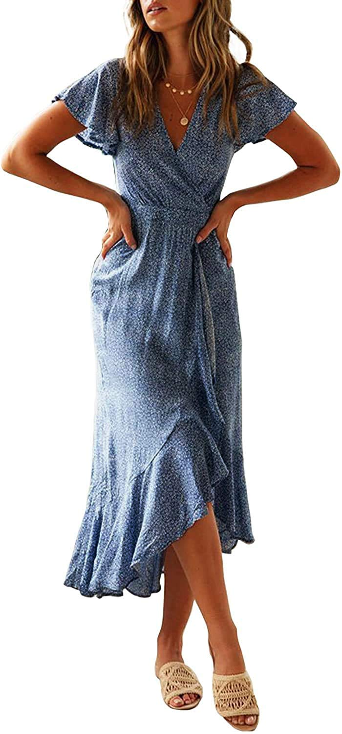 ZESICA Women's 2023 Bohemian Floral Printed Wrap V Neck Short Sleeve Split Beach Party Maxi Dress