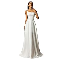 Women’s Elegant Square Neck A-Line Sculptured Maxi Wedding Dress, Simple Lace-up Backless Formal Bridal Gown