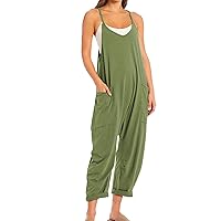 Womens Casual Sleeveless Jumpsuits V-Neck Spaghetti Strap Wide Leg Romper Overalls Jumpsuit with Pockets