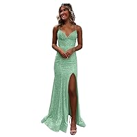 Sequin Prom Dresses for Women Sparkly Mermaid Ball Gown V Neck Spaghetti Strap Long Formal Evening Dress with Slit